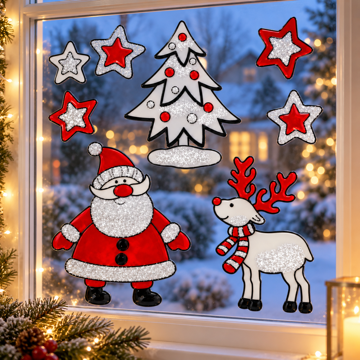 HEITMANN DECO Fensterbild Weihnachten Weihnachtsmann Rentier Baum Sterne Glitzer