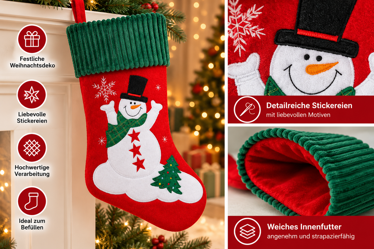 HEITMANN DECO Weihnachtsstrumpf Schneemann Rot Grün Nikolausstiefel zum Befüllen