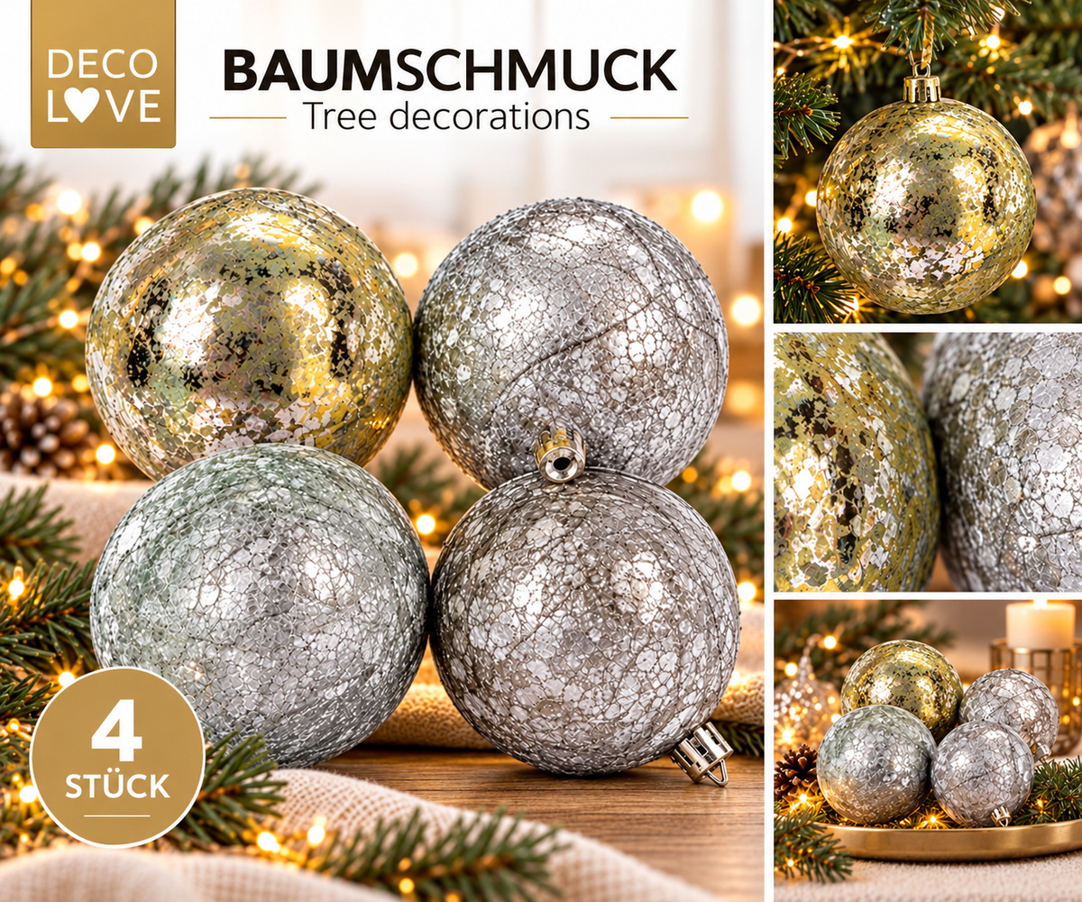4x DECO LOVE Christbaumkugeln Silber Glitzer Weihnachtskugeln Baumschmuck Deko