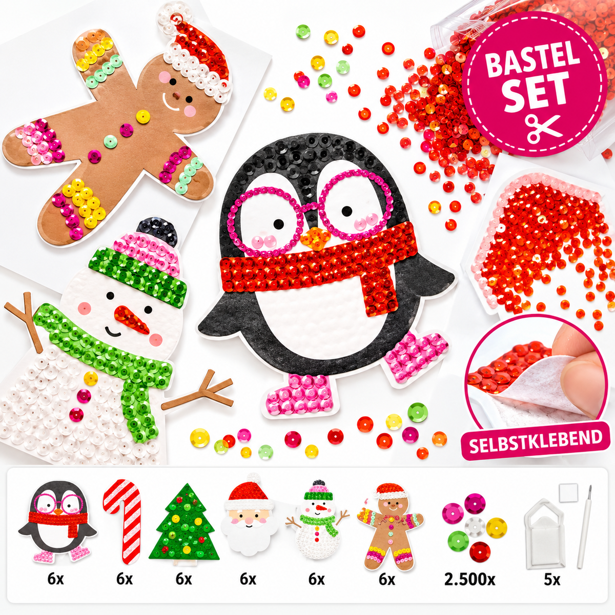 folia 31805 Diamond Painting Weihnachten 6 Sticker 1100 Glitzersteine Bastelset