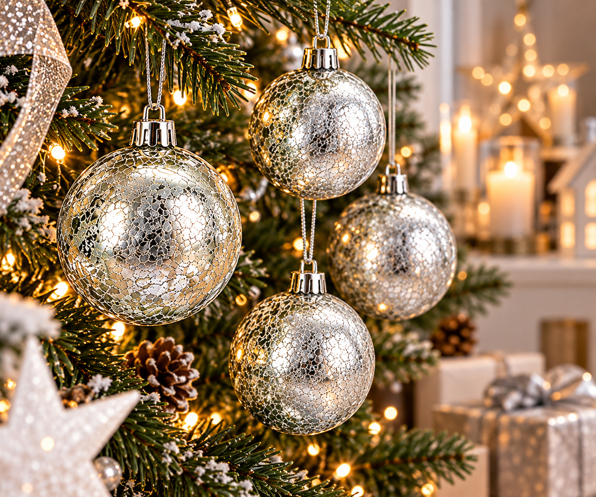 4x DECO LOVE Christbaumkugeln Silber Glitzer Weihnachtskugeln Baumschmuck Deko