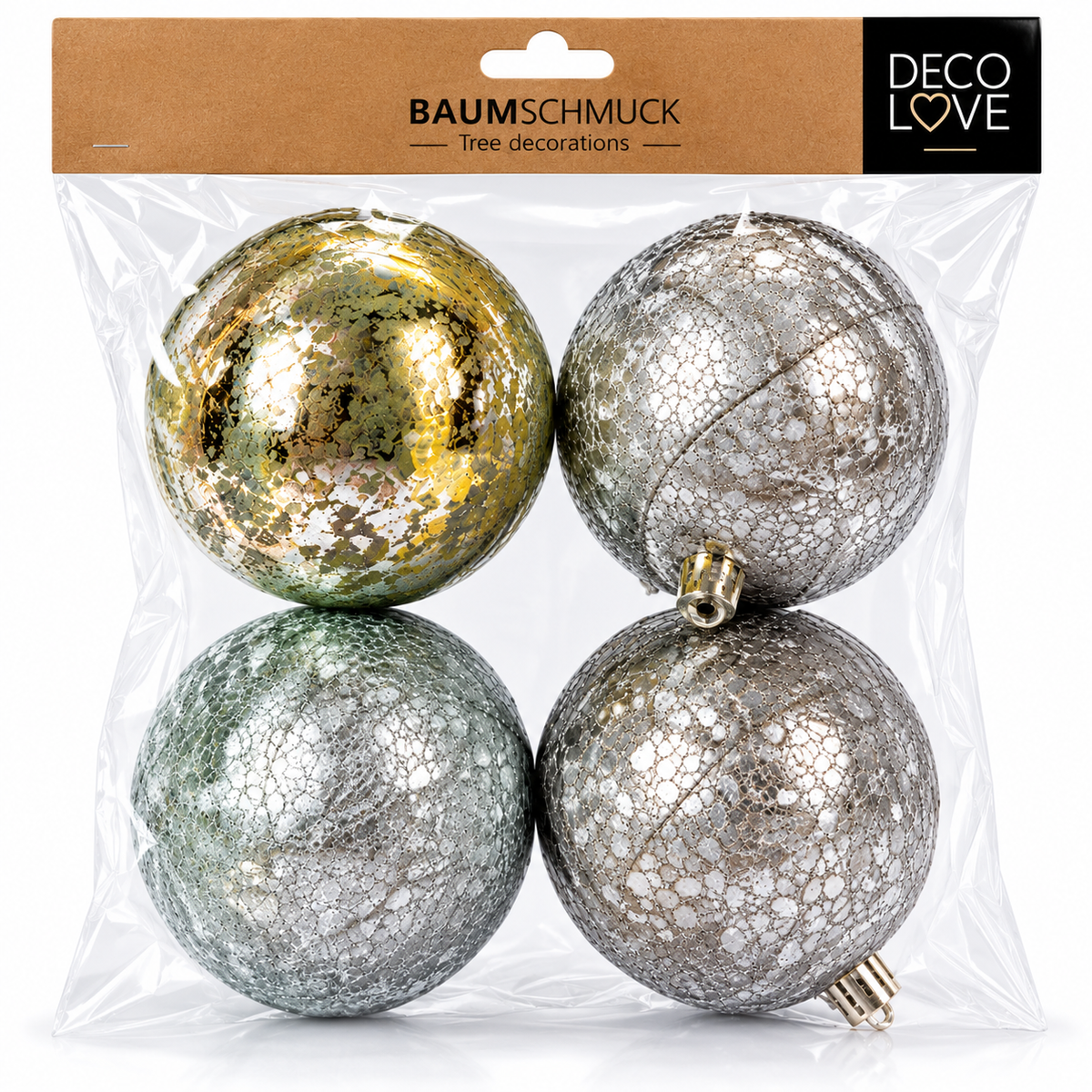 4x DECO LOVE Christbaumkugeln Silber Glitzer Weihnachtskugeln Baumschmuck Deko