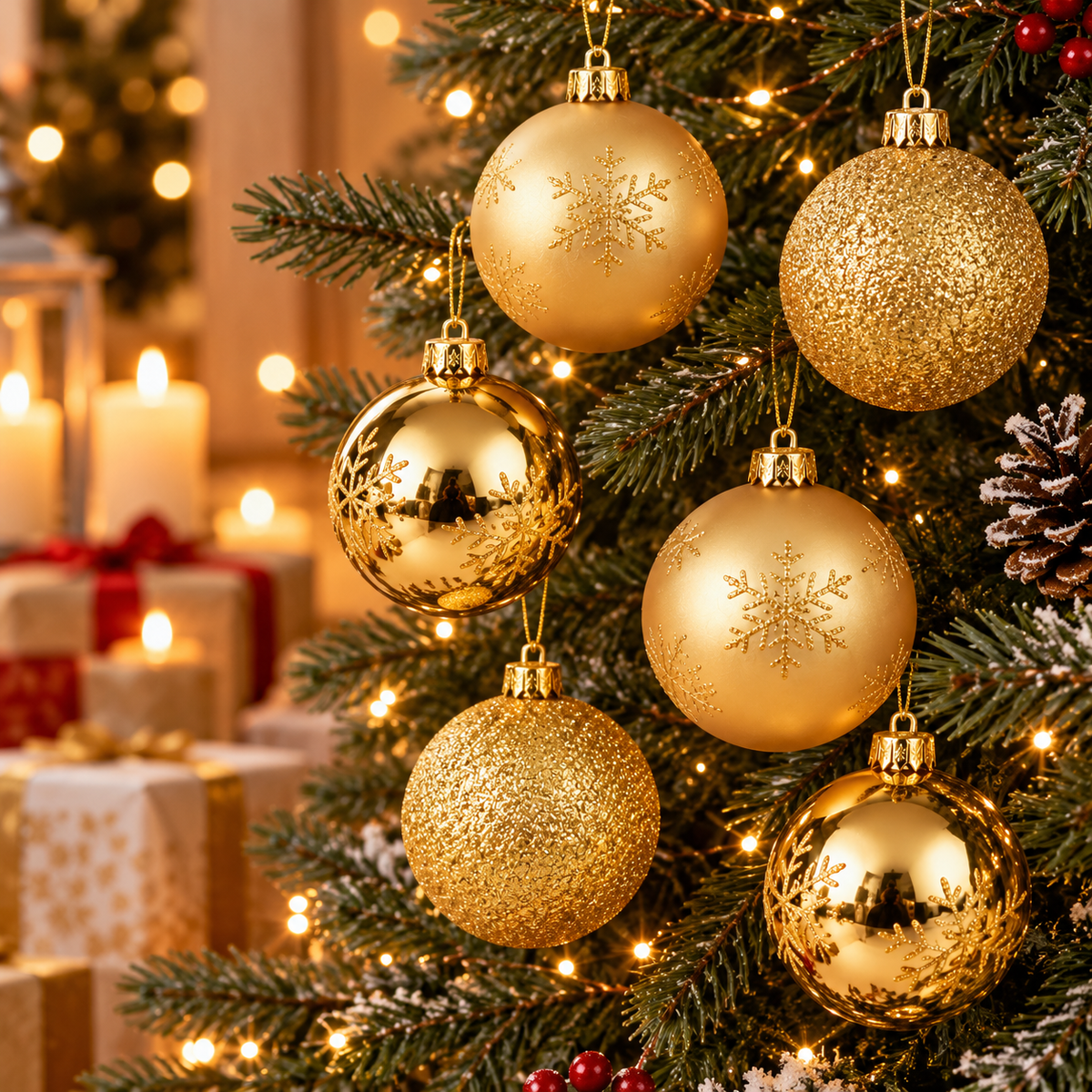 HEITMANN DECO 6er Set Weihnachtskugeln Gold Glitzer Schneeflocken Baumschmuck