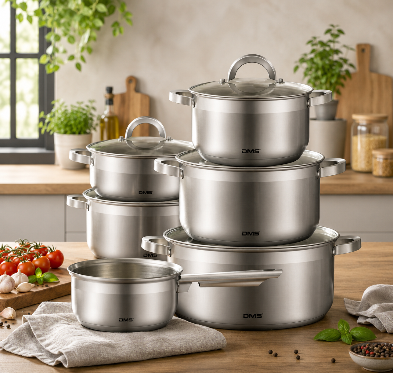 DMS® Edelstahl Topfset 11-teilig mit Glasdeckel, Induktion Kochtopf Kochgeschirr