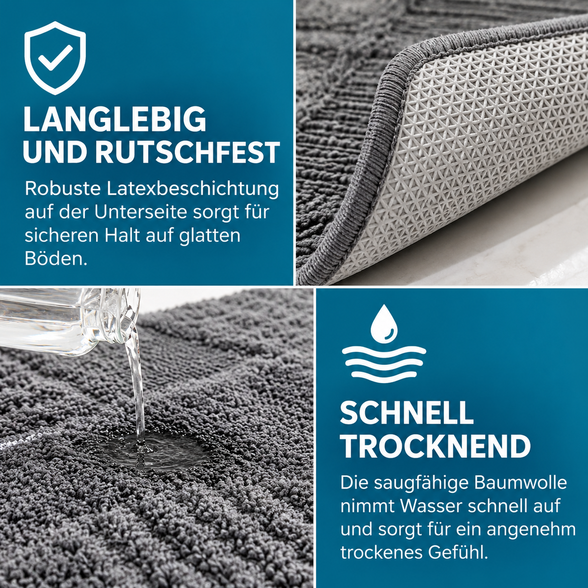 JEMIDI Badvorleger 80x50 cm Grau Baumwolle Badematte rutschfest Badteppich