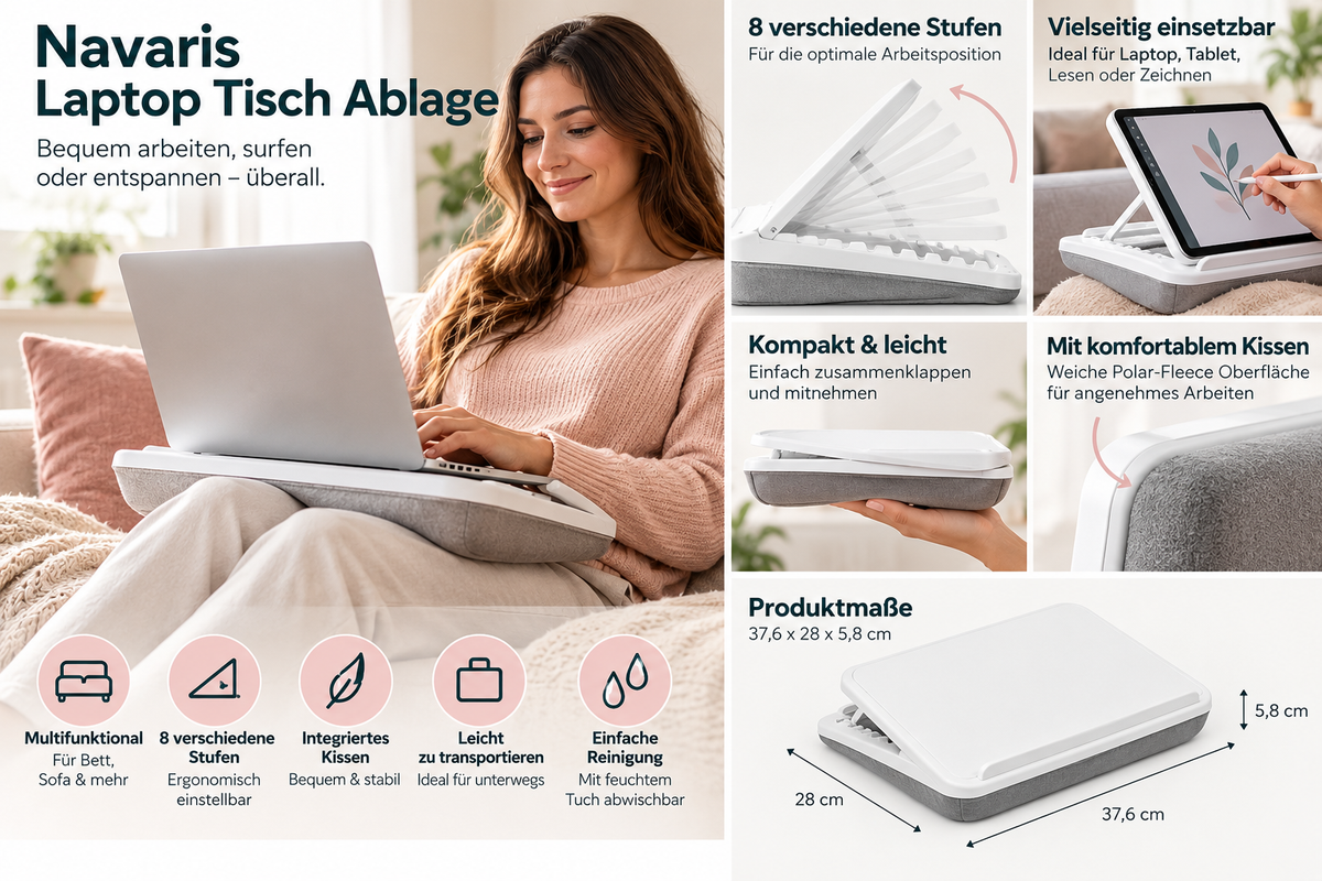 Navaris Laptoptisch Laptopunterlage Bett Couch 8 Stufen Laptopkissen Weiß