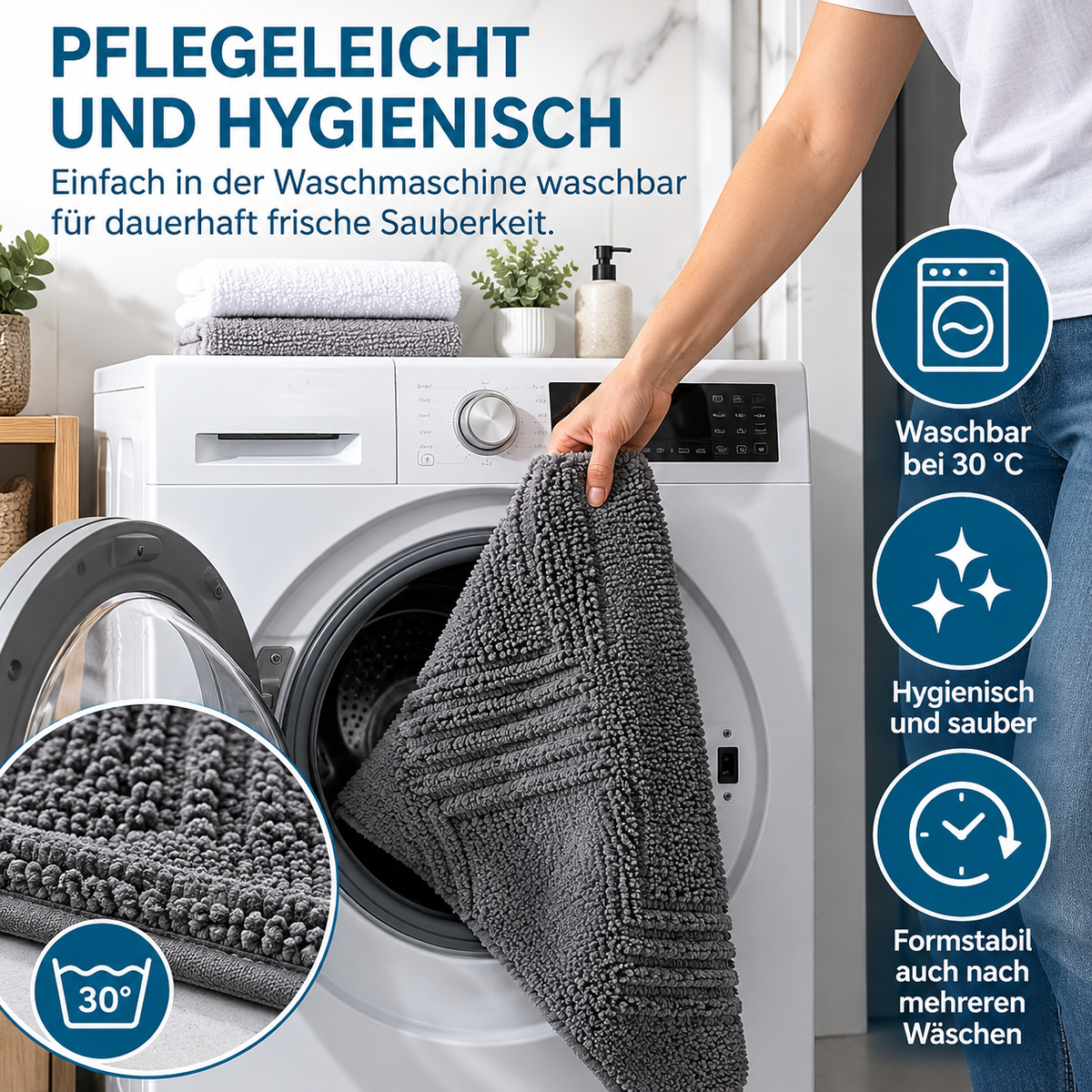 JEMIDI Badvorleger 80x50 cm Grau Baumwolle Badematte rutschfest Badteppich
