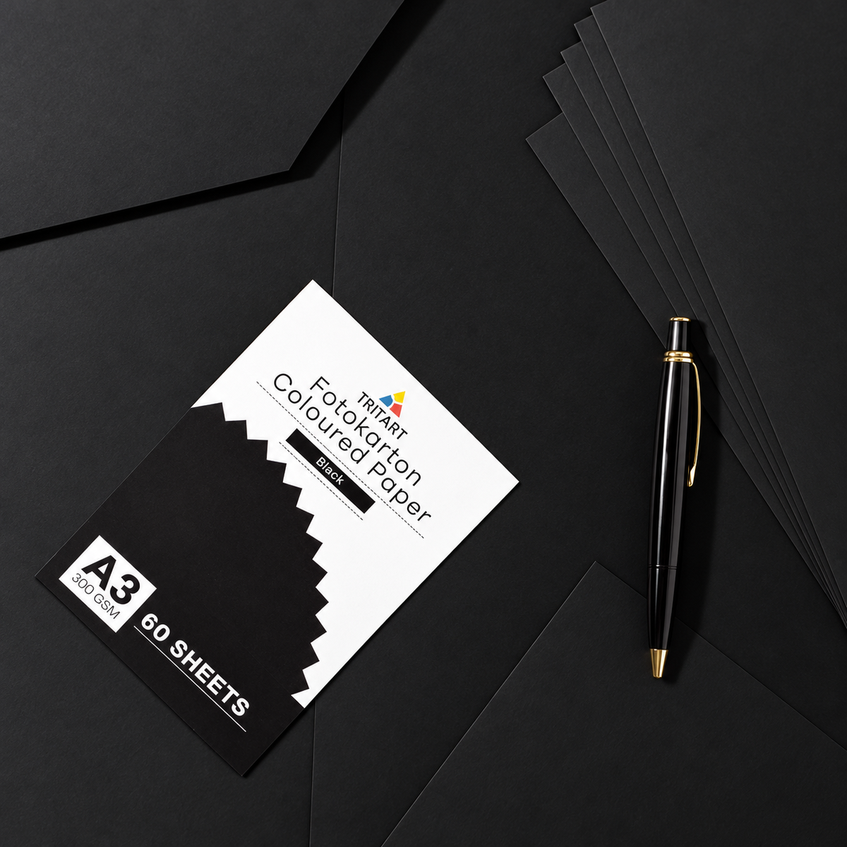 TRITART Fotokarton A3 Schwarz 300 g/m² 60 Blatt Bastelkarton voll durchgefärbt