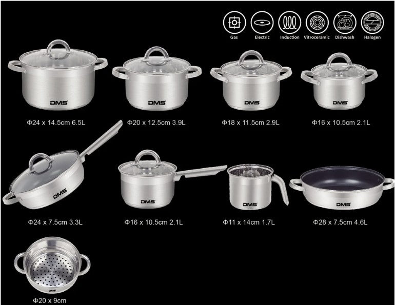 DMS® EDELSTAHL TOPFSET 15-TEILIG MIT GLASDECKEL, INDUKTION KOCHTOPF KOCHGESCHIRR