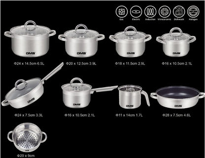 DMS Topfset 15 tlg Edelstahl Induktion Kochtopfset Glasdeckel Kochtöpfe Set
