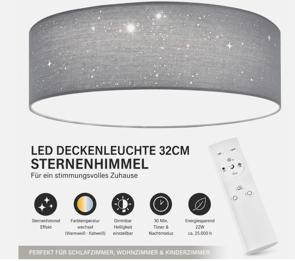 LED Deckenleuchte rund mit Sterneneffekt warmweiß 22W Design Deckenlampe