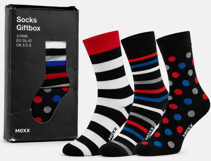 MEXX Damen Socken 3 Paar Gr. 39-42 Giftbox Geschenkbox Punkte Streifen