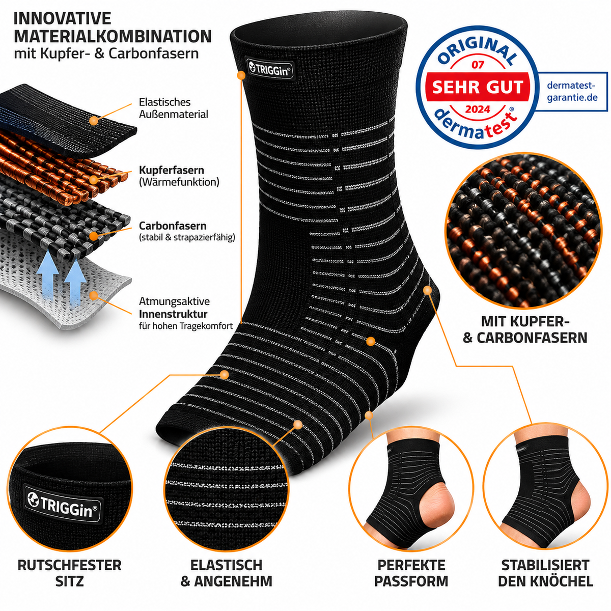 TRIGGin Knöchelbandage Sprunggelenkbandage Fußgelenk Kupfer Carbon Sport