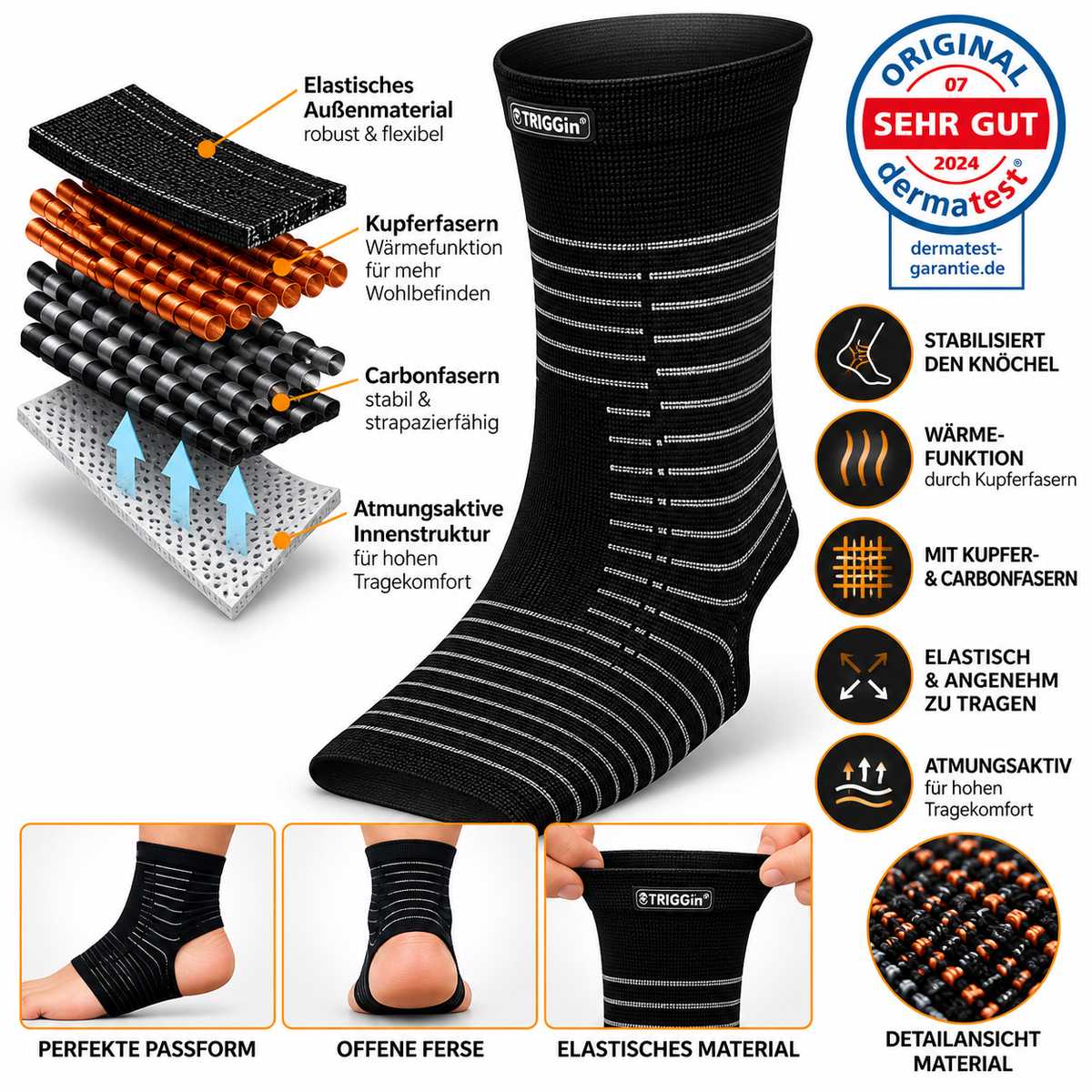 TRIGGin Knöchelbandage Sprunggelenkbandage Fußgelenk Kupfer Carbon Sport