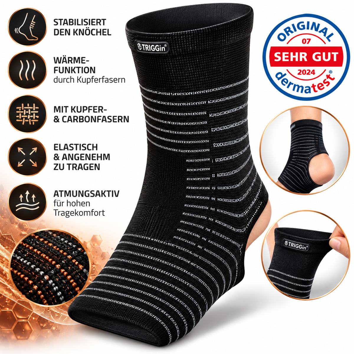 TRIGGin Knöchelbandage Sprunggelenkbandage Fußgelenk Kupfer Carbon Sport