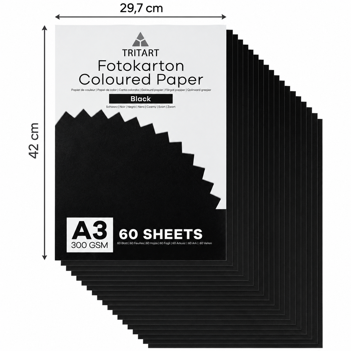 TRITART Fotokarton A3 Schwarz 300 g/m² 60 Blatt Bastelkarton voll durchgefärbt