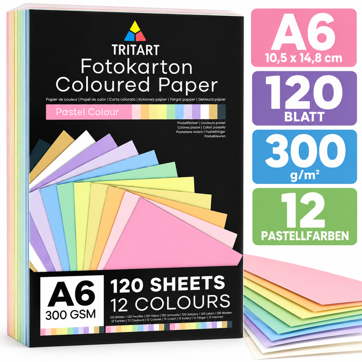 TRITART Fotokarton A6 300g 120 Blatt 12 Pastellfarben Bastelkarton Papier
