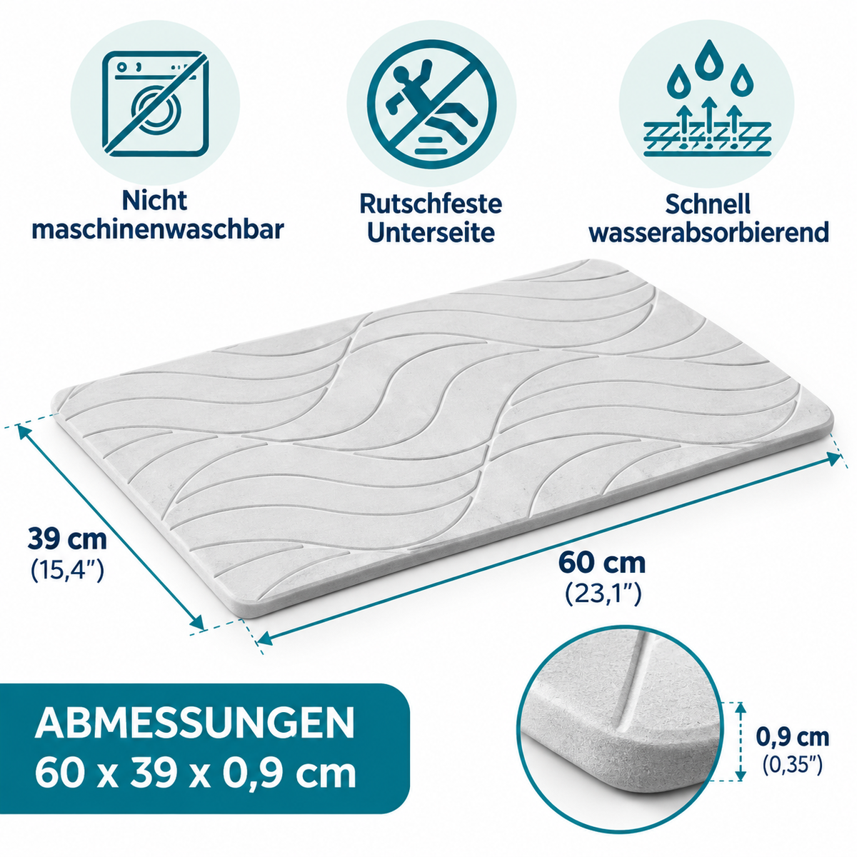 Navaris Kieselgur Badematte 60x39 cm Stein Badvorleger Saugfähig Rutschfest