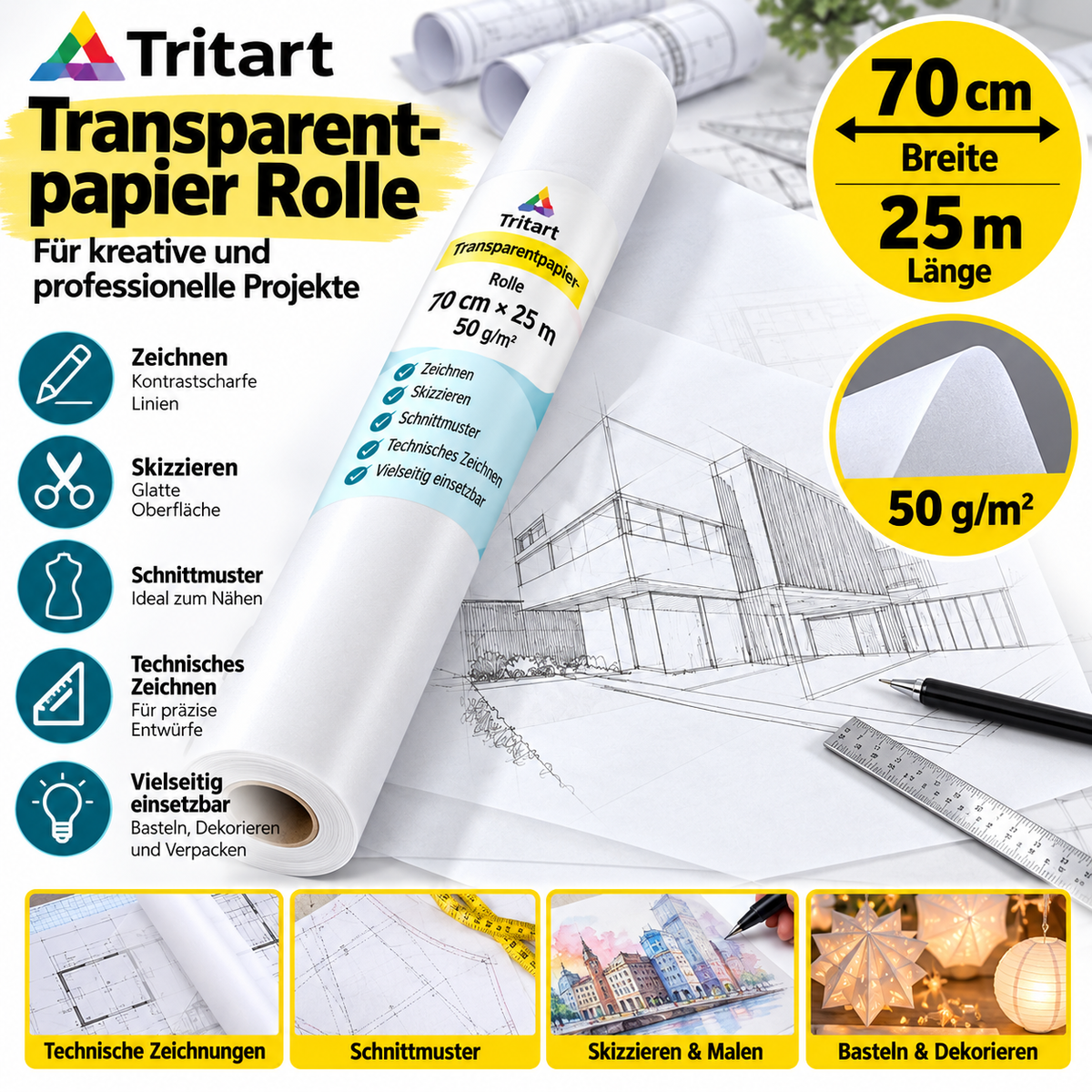 Tritart Transparentpapier Rolle 70cm x 25m 50g Pauspapier Schnittmusterpapier