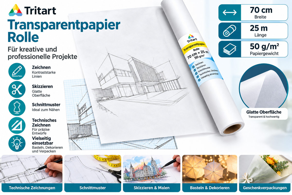 Tritart Transparentpapier Rolle 70cm x 25m 50g Pauspapier Schnittmusterpapier