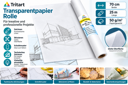 Tritart Transparentpapier Rolle 70cm x 25m 50g Pauspapier Schnittmusterpapier