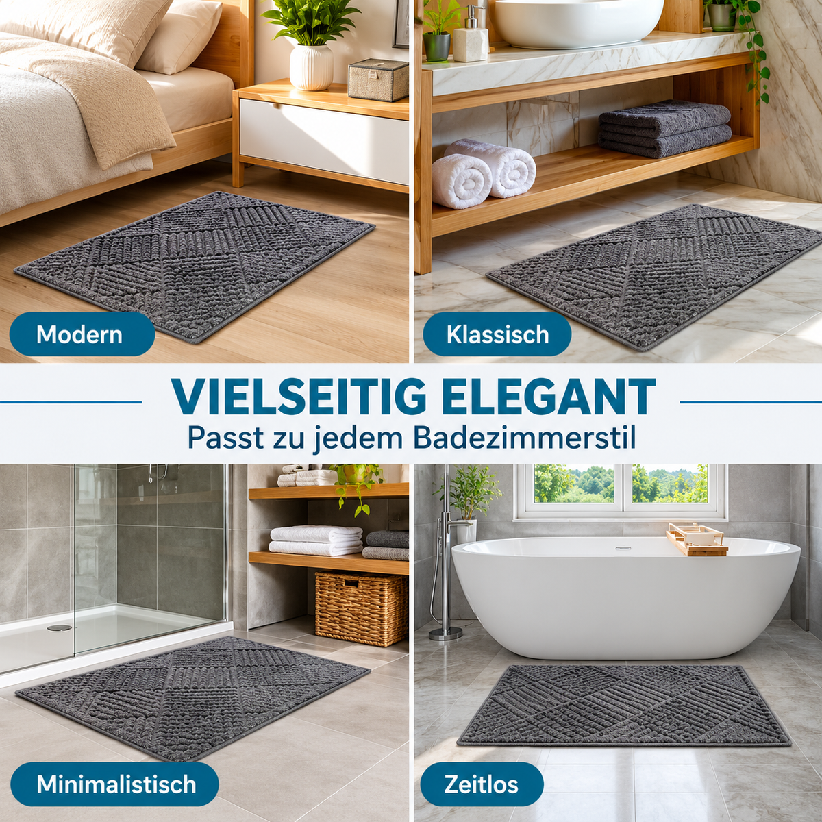 JEMIDI Badvorleger 80x50 cm Grau Baumwolle Badematte rutschfest Badteppich
