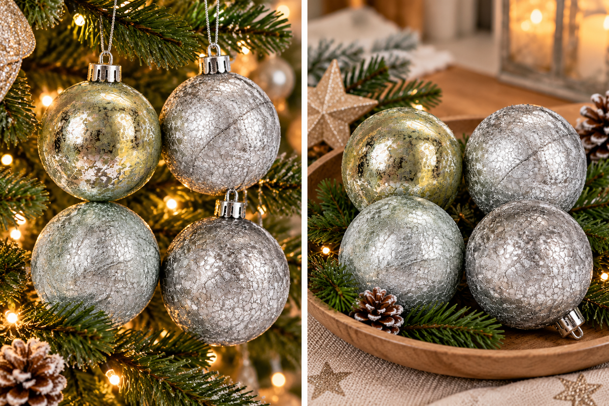 4x DECO LOVE Christbaumkugeln Silber Glitzer Weihnachtskugeln Baumschmuck Deko