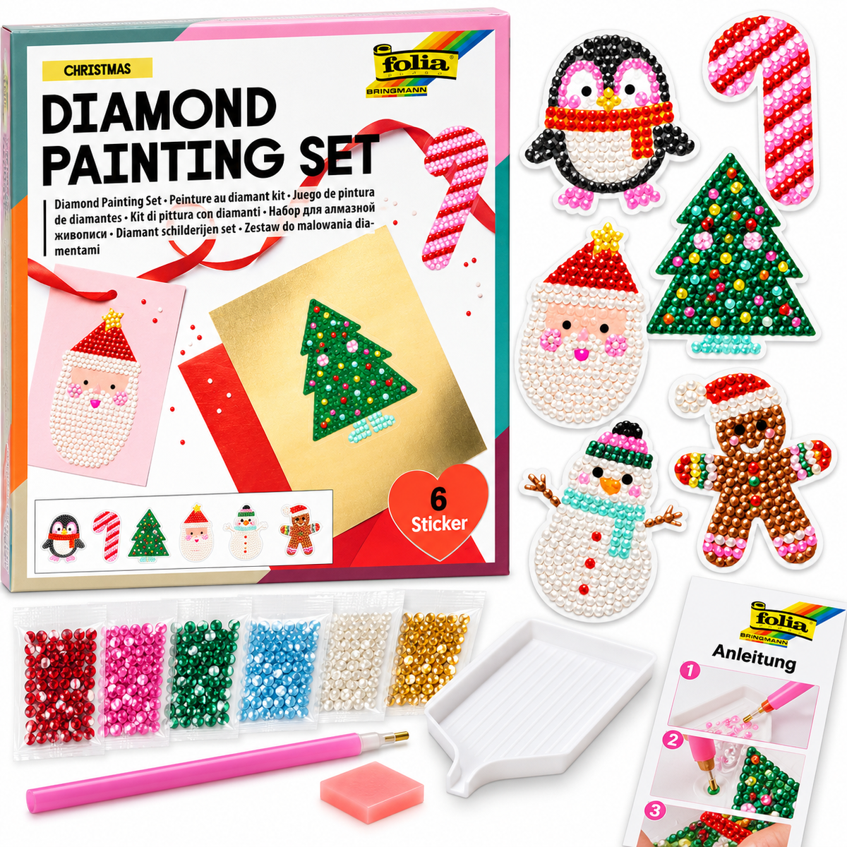folia 31805 Diamond Painting Weihnachten 6 Sticker 1100 Glitzersteine Bastelset