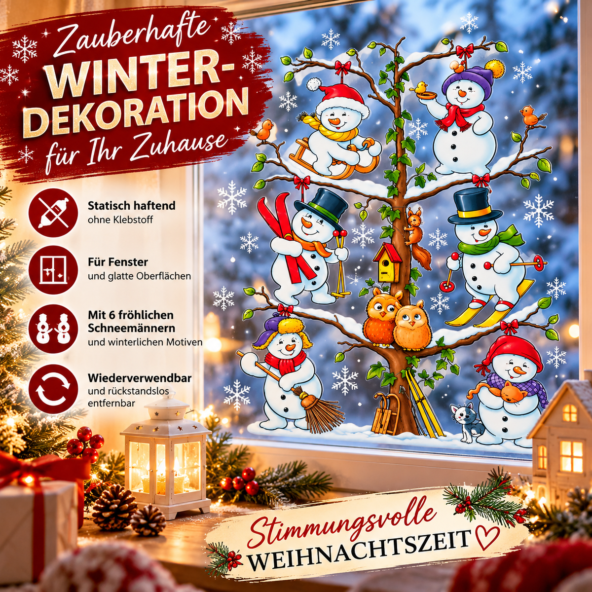 HEITMANN DECO Fensterbild Schneemänner Weihnachten statisch haftend Fenstersticker