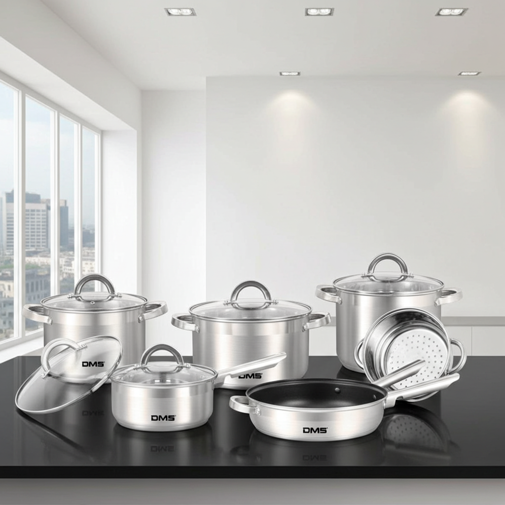 DMS® EDELSTAHL TOPFSET 15-TEILIG MIT GLASDECKEL, INDUKTION KOCHTOPF KOCHGESCHIRR