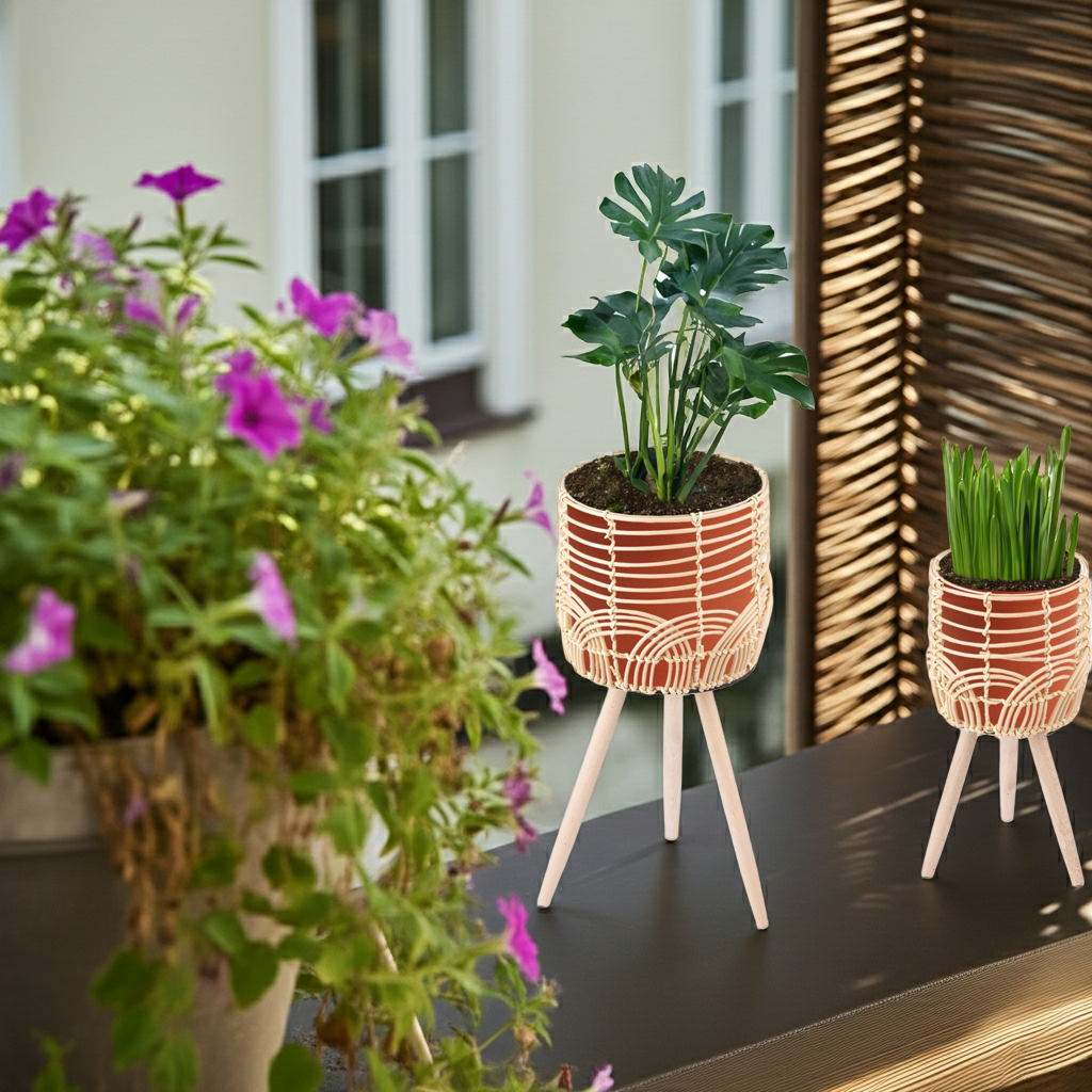 Navaris 2x Blumentopf mit Ständer im Rattan Look - Boho Blumentopf geflochten - Pflanzen Hocker im Korb Design - Blumentopfständer mit Beinen aus Holz
