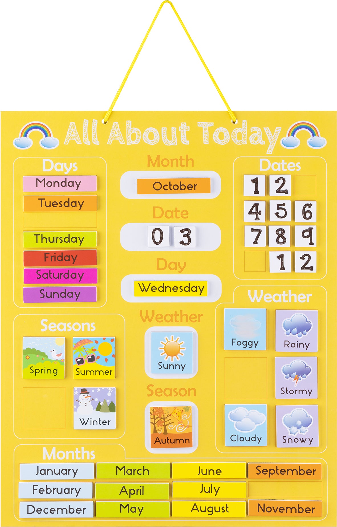 Navaris Kalender Tafel für Kinder - Lerntafel Jahreszeiten Uhr - Magnet Spiel Lernuhr - Kinderkalender Jahreskalender - magnetisch - gelb - Englisch