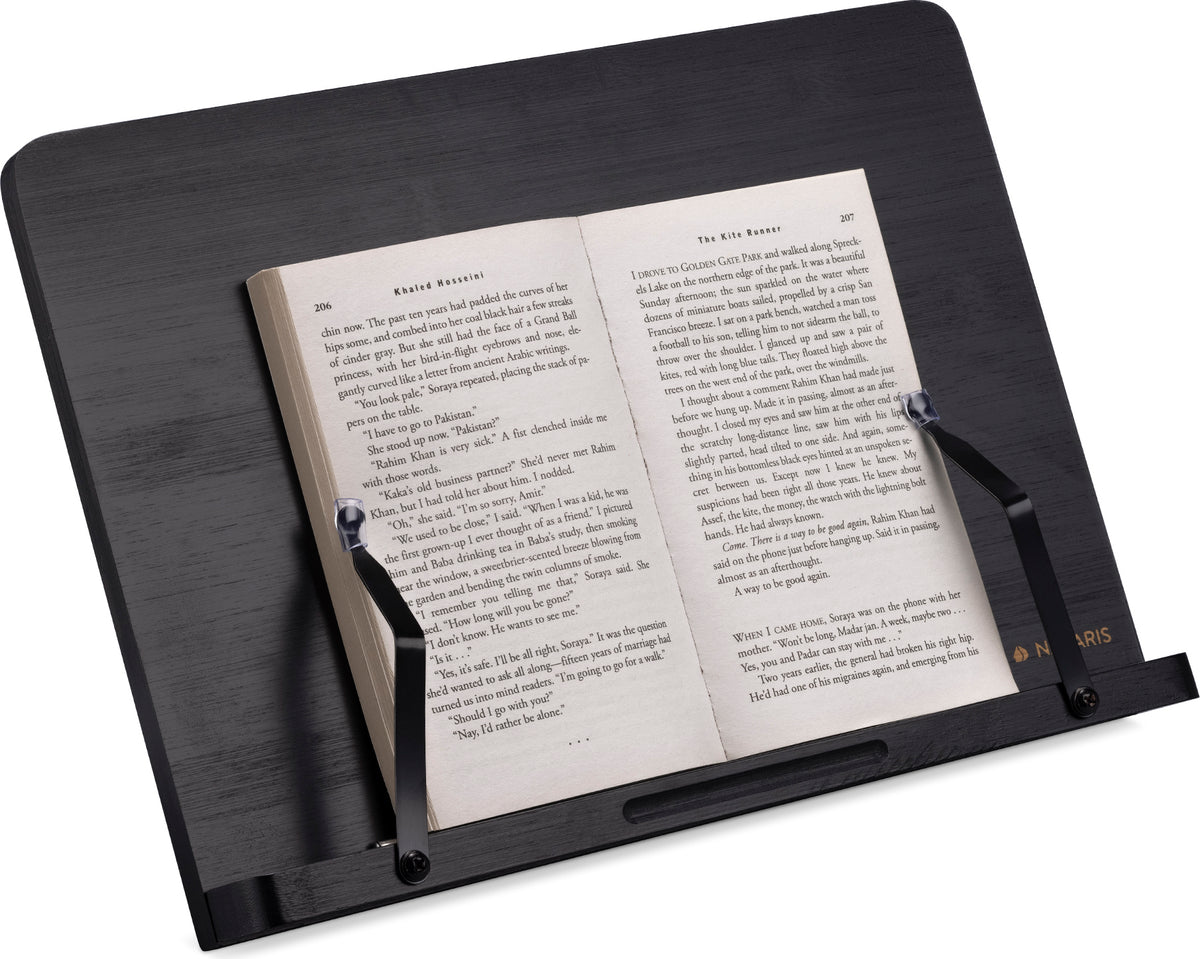 Navaris Buchständer kompatibel mit iPad - 34x24cm Buchhalter Buchstütze aus Bambus - Stand Halter für Buch Tablet - für Küche Schreibtisch - Schwarz