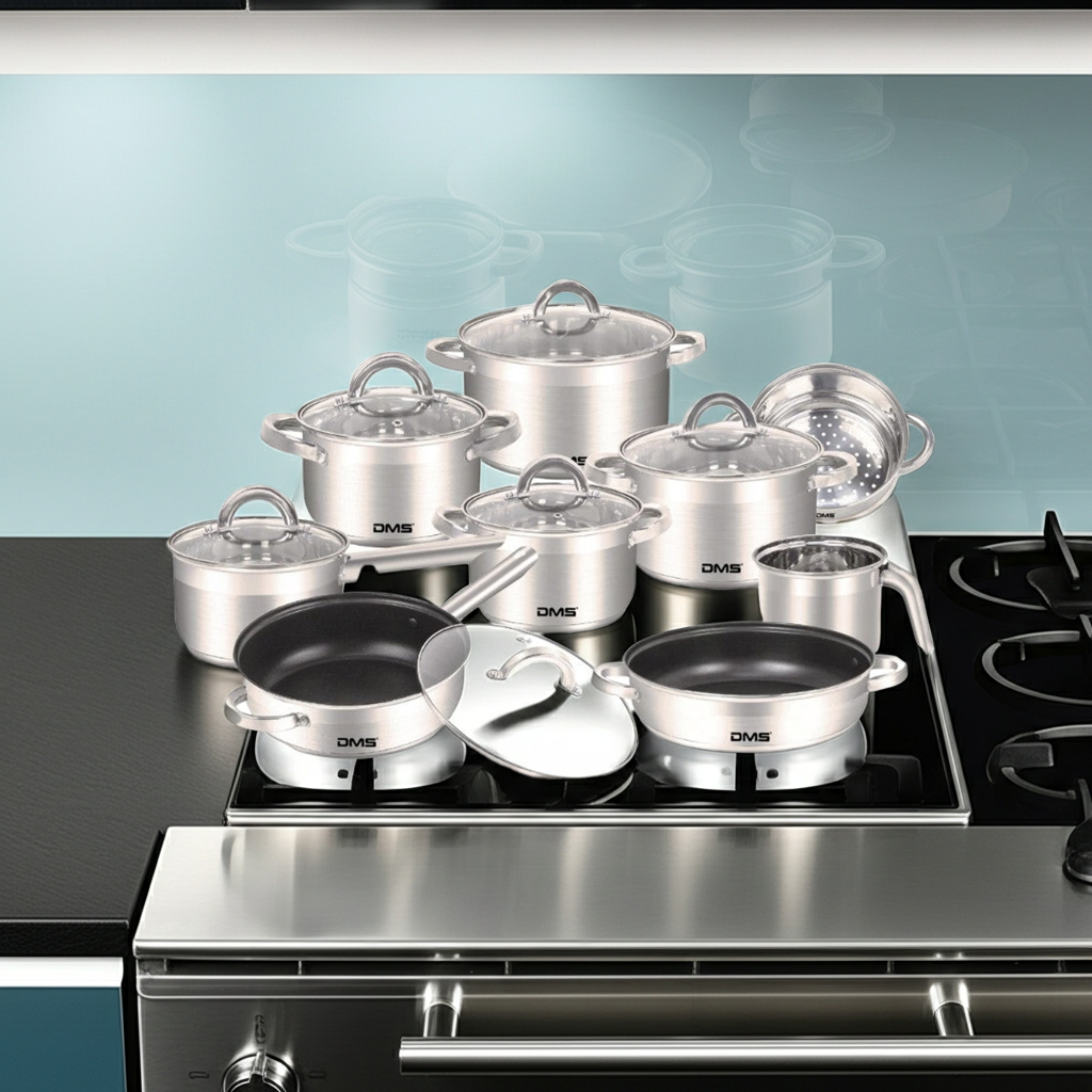 DMS® EDELSTAHL TOPFSET 15-TEILIG MIT GLASDECKEL, INDUKTION KOCHTOPF KOCHGESCHIRR