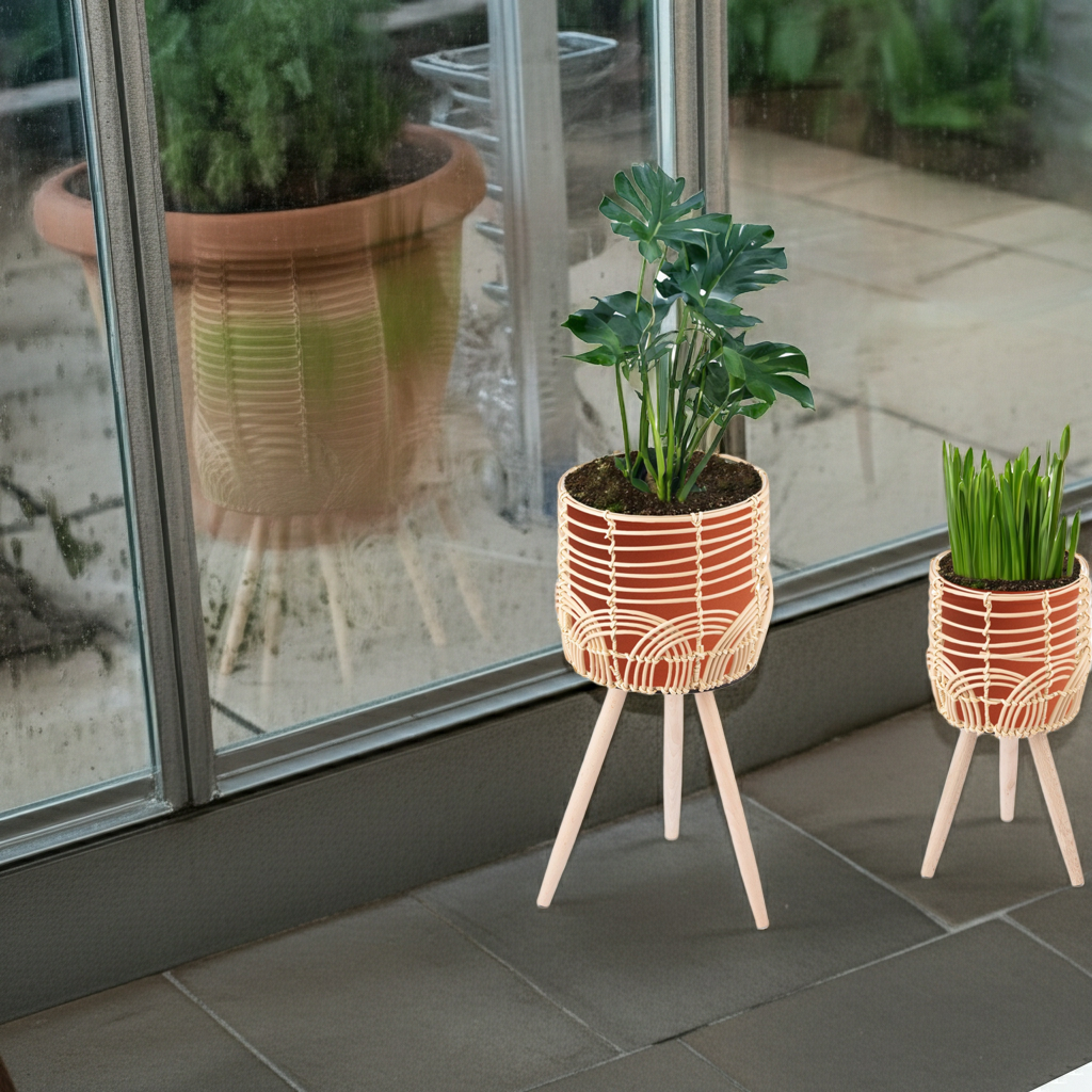 Navaris 2x Blumentopf mit Ständer im Rattan Look - Boho Blumentopf geflochten - Pflanzen Hocker im Korb Design - Blumentopfständer mit Beinen aus Holz