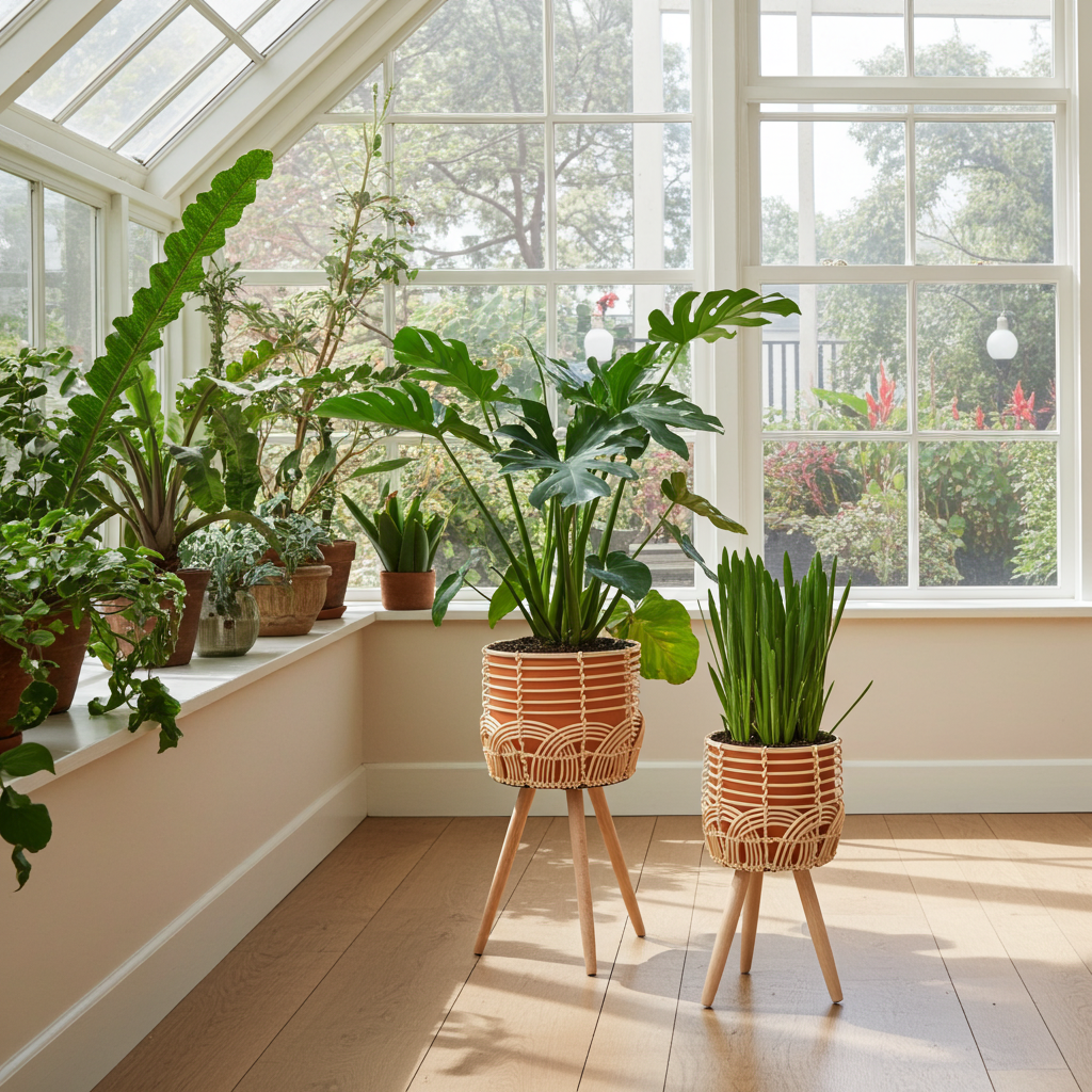 Navaris 2x Blumentopf mit Ständer im Rattan Look - Boho Blumentopf geflochten - Pflanzen Hocker im Korb Design - Blumentopfständer mit Beinen aus Holz