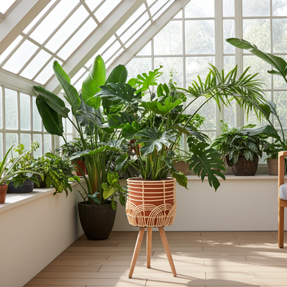 Navaris 2x Blumentopf mit Ständer im Rattan Look - Boho Blumentopf geflochten - Pflanzen Hocker im Korb Design - Blumentopfständer mit Beinen aus Holz